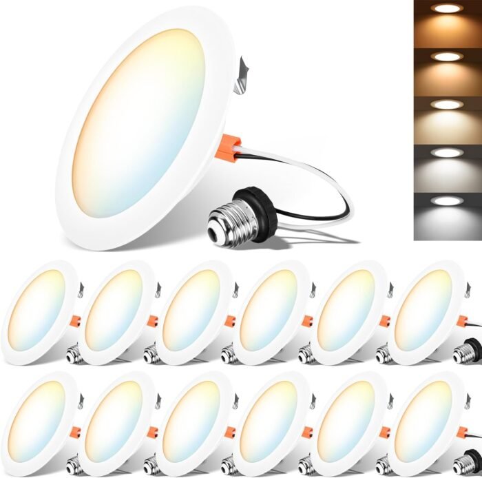 LVWIT LED Recessed Light 4inch, Can Lighting Color Selectable 2700/3000/4000/5000/6000K 5CCT, 7W(85W Equivalent) Dimmable Downlight with E26 Conversion Kit, Retro Fit Ceiling Light Fixtures, 12 Pack