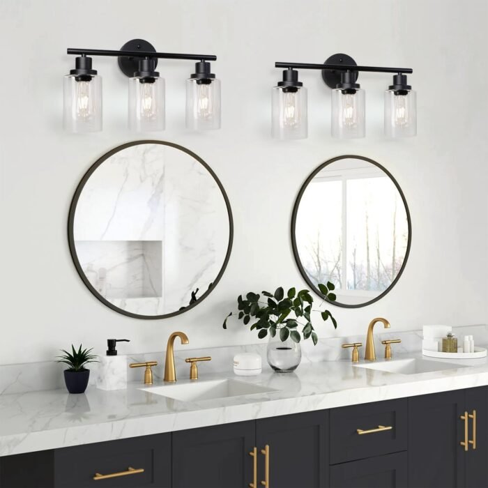 Unicozin Modern Bathroom Light Fixtures, 3 Light Vanity Lights, Black Wall Lamp with Clear Glass for Bathroom, Mirror, Living Room, Bedroom, Hallway, E26 Base - Image 6