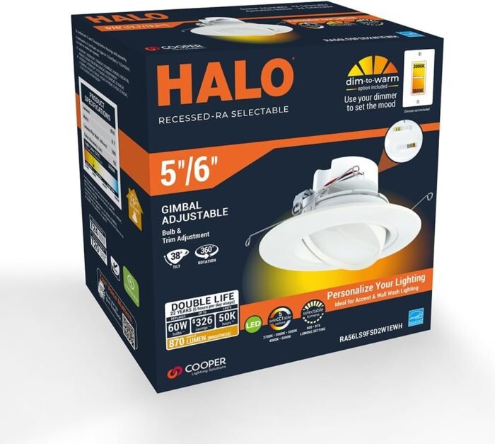 HALO RA 6 inch Gimbal LED Recessed Adjustable Light Trim, Selectable 600/900 Lumens, 5 Selectable Color Temperatures Plus Dim to Warm, 120-Volt, White - Image 2