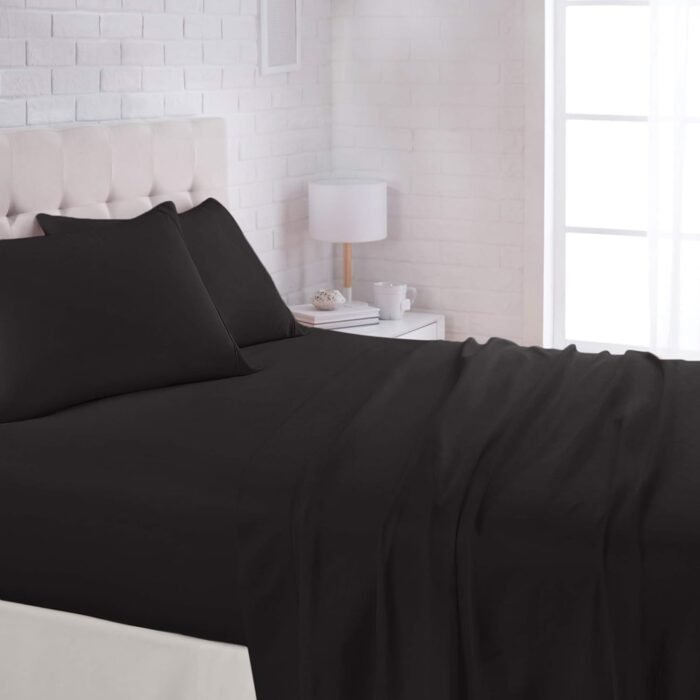 Amazon Basics Lightweight Super Soft Easy Care Microfiber 4-Piece Bed Sheet Set with 14-Inch Deep Pockets, Queen, Black, Solid