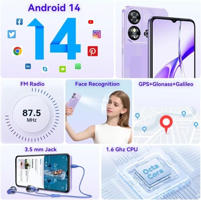OUKITEL C57S Cell Phone Android 14 Smartphones - 8GB RAM 64/128GB ROM Mobile Phones, 6.52 inch HD+, 4300 mAh Smartphone for Teenagers, Octa-core, 13 MP + 5 MP Cell Phones Dual SIM 4G T-Mobile Phone - Image 8