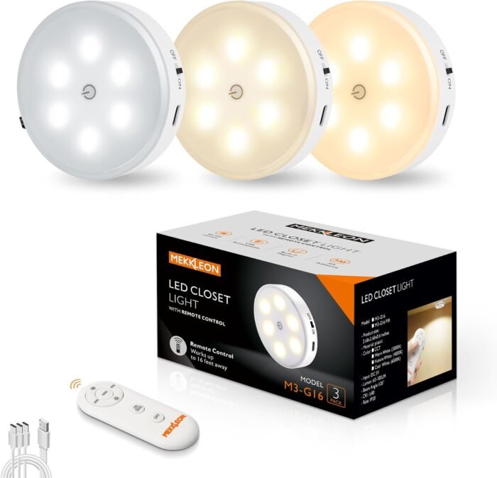 Wireless LED Puck Light with Remote,3 Color Temperatures Dimmable Under Cabinet, Closet Light, Rechargeable Under Counter Lighting,Stick On Lights for Bar,Hallway, Stairway,Kitchen (3 Pack CCT)