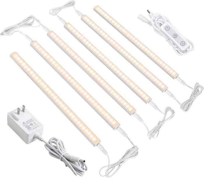 ASOKO Dimmable Led Under Cabinet Lighting for Kitchen - 6 Pcs 12 inches Linkable Led Counter Light Bars, Led Closet Light Warm White 2700K,DC24V 1320Lumens,18W Led Shelf Lighting (ETL Plug)