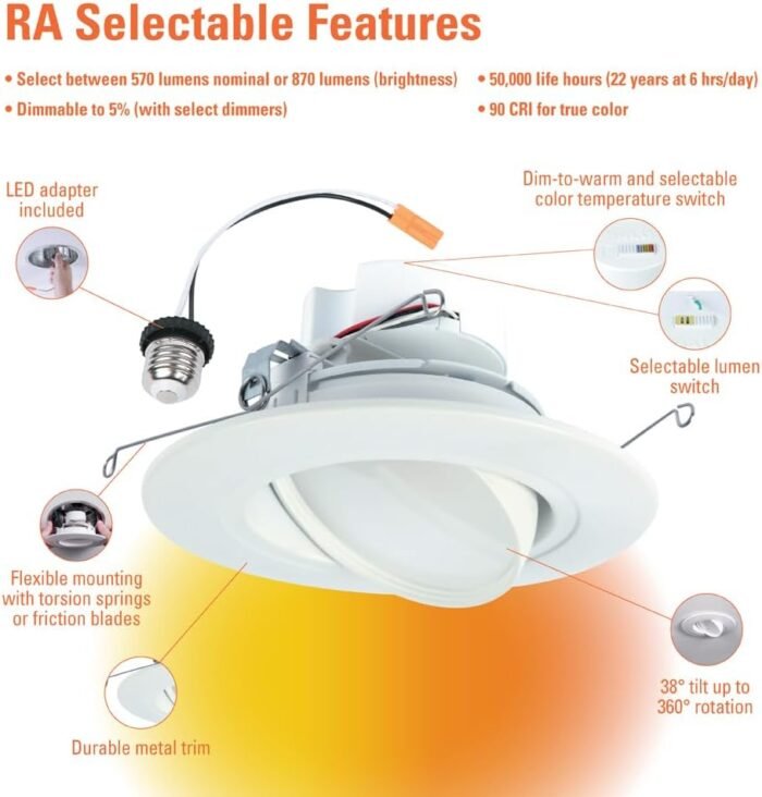 HALO RA 6 inch Gimbal LED Recessed Adjustable Light Trim, Selectable 600/900 Lumens, 5 Selectable Color Temperatures Plus Dim to Warm, 120-Volt, White - Image 4