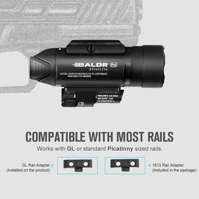OLIGHT Baldr Pro 1350 Lumens Tactical Weaponlight with Green Light and White LED, 260 Meters Beam Distance Compatible with 1913 or GL Rail, Batteries Included(Black) - Image 6
