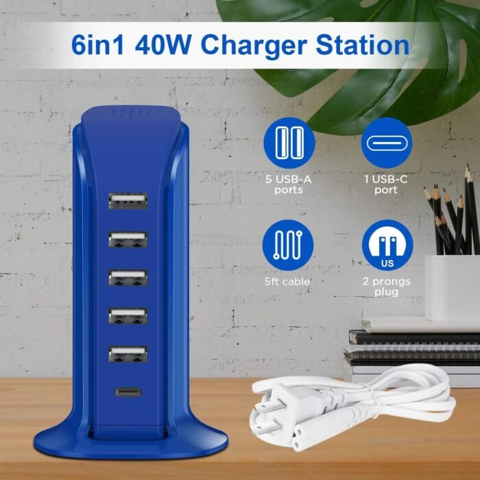 USB Charging Station Upoy, 6 Ports Charging Blocks, USB Power Hub with C Port, Charging Dock for Electronics Organizer, Multi Charger 40W, Compatible with Kindle, iPhone, Ipad, Airpods, Tech Gadgets - Image 2