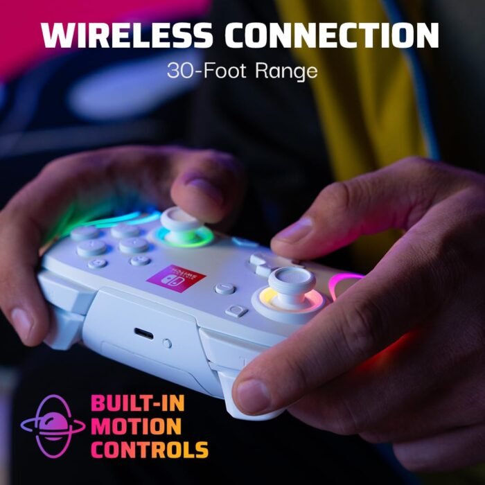 PDP Afterglow Wave Wireless Pro Controller with Full Motion for Nintendo Switch, OLED Model, 8 RGB LED Lighting Zones, 30 Foot Range, 20 Hour Rechargeable Battery: White - Image 6
