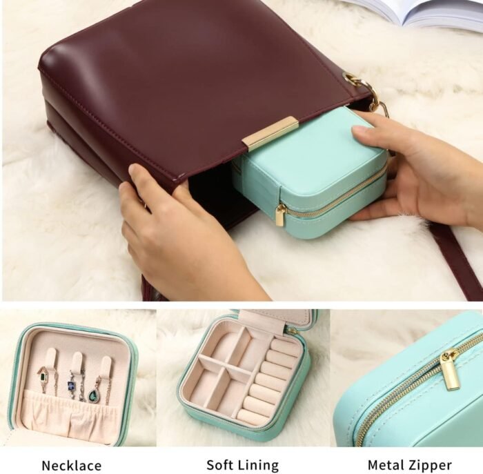 Jewelry Travel Case with Mirror,Small Travel Jewelry Organizer, Portable Jewelry Box Travel Mini Organizer Portable Display Storage Box For Rings Earrings Necklaces (Green) - Image 4
