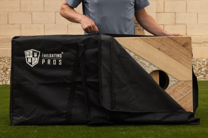 Tailgating Pros Cornhole Boards - 4'x2' Wood Pattern Cornhole Game w/Carrying Case & Set of 8 Corn Hole Bean Bags w/Tote
