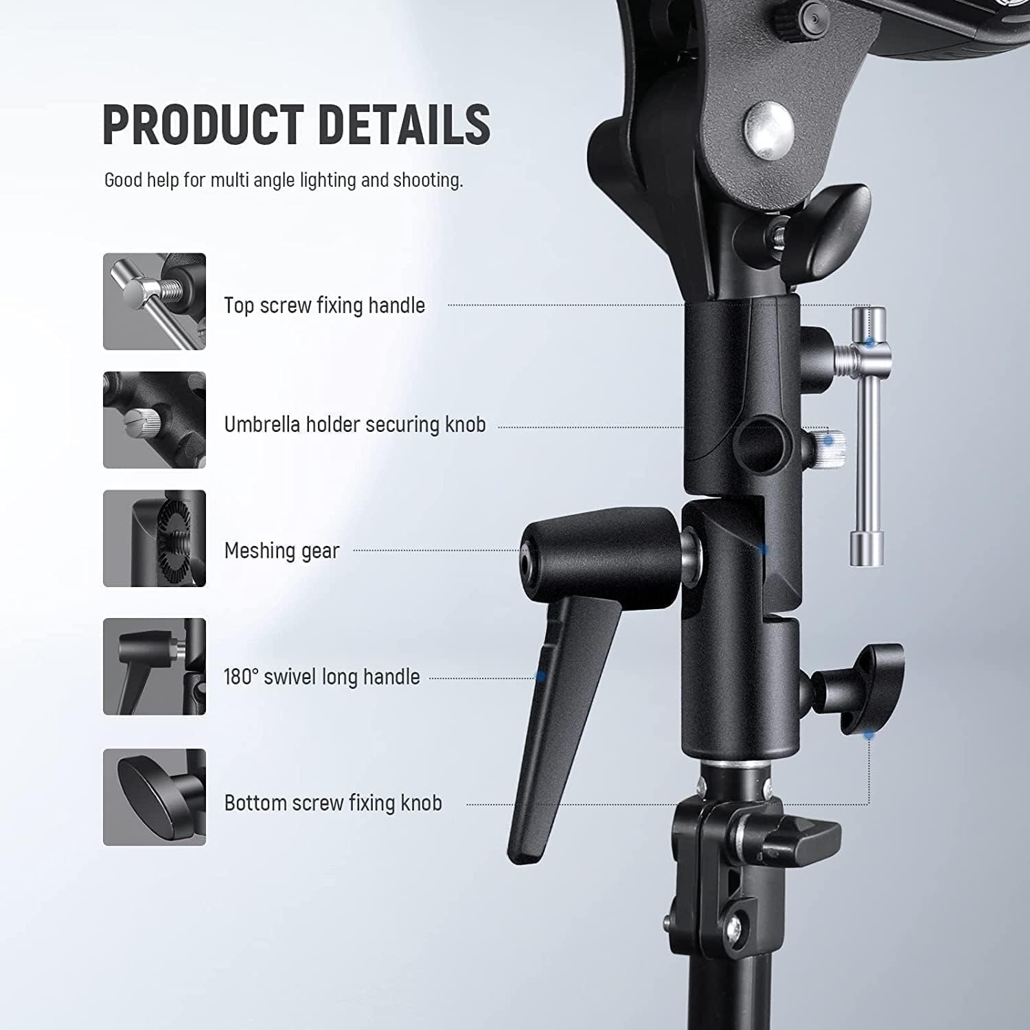 NEEWER Camera Flash Bracket H Type Mount with Umbrella Softbox Holder, 180° Swivel Adjustable Metal Light Stand Adapter with 1/4" to 3/8" Screw Adapter for Speedlite LED Light Stand Tripod (2 Pack) - Image 7