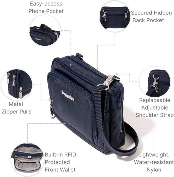Baggallini Triple Zip with RFID Front Wallet - 8'x6' Crossbody Bag for Women Convertible Fanny Pack Belt Bag Water-Resistant - Image 3