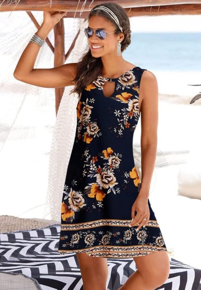 ETCYY NEW Beach Dresses for Women 2024 Trendy Boho Floral Print Sundresses Sleeveless Beach Cover Up Dress with Pockets - Image 2