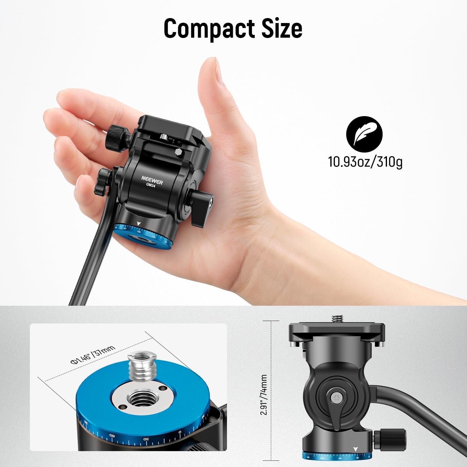 NEEWER Tripod Fluid Head Pan Tilt Head with Arca Type Quick Release Plate and Handle, Metal Panorama Head with Scaled Base (⌀37mm) for Compact Video Camera DSLR Camera, Load up to 6.6lb, GM24 (Blue) - Image 5