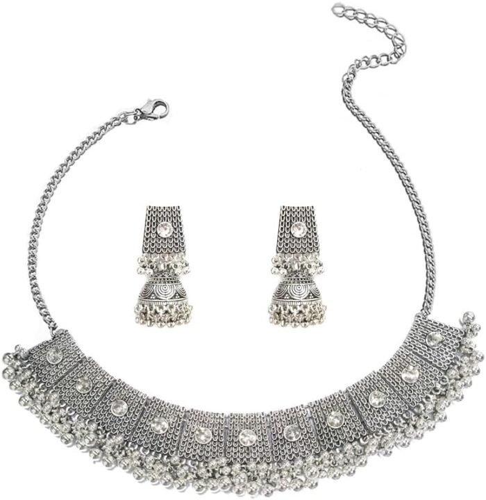 Boho Antique Silver Jewellery Sets for Brides Bridesmaid Cubic Zirconia Crystal Statement Choker Necklace Earrings Jhumki Accessories for Women Indian Ethnic Wedding Wear Bollywood Party Dancing