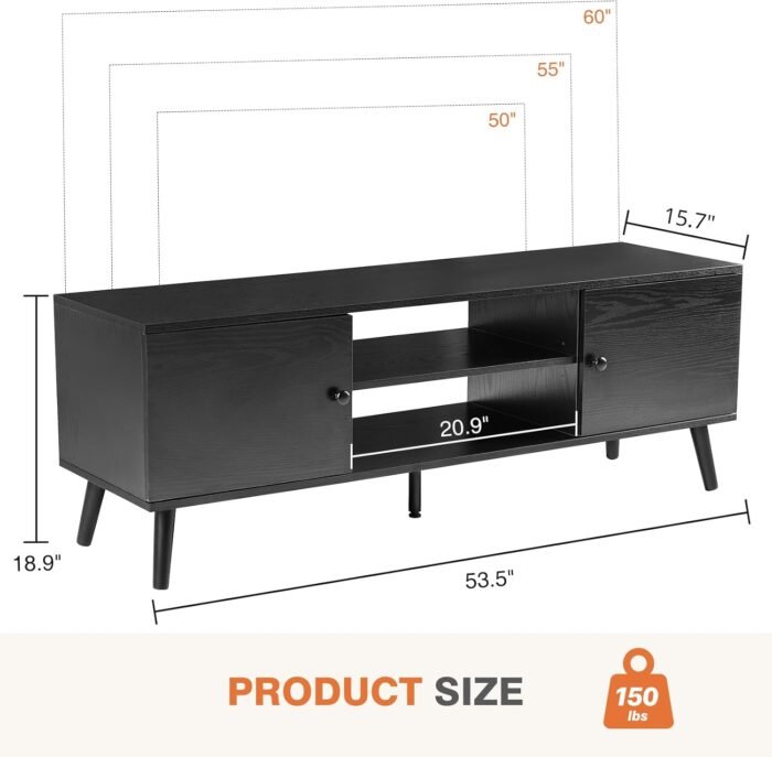 Sweetcrispy TV Stand for 55 60 inch TV, Modern Mid Century Entertainment Center with Storage, Media Console Table 2 Cabinet, Soft Hinge, Handle Door, Wooden Living Room, Office Furniture, Black - Image 3