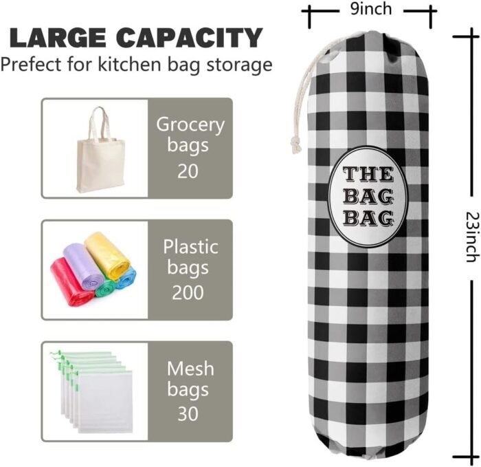 Black White Buffalo Check Plaid Grocery Bags Holder Organizer For Shopping Bags，Wall Mount Plastic Bags Storage Container Dispensers, Kitchen Housewarming Gifts For Women Family Friends Grandma Mom - Image 2