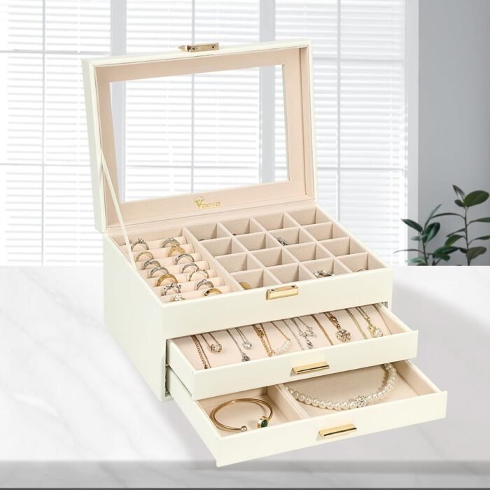 Voova Jewelry Box Organizer for Women Girls, 3 Layer PU Leather Jewelry Storage Case with Glass Lid & 2 Drawers, Large Jewellery Display Holder for Necklaces Rings Earrings Bracelets, White - Image 2