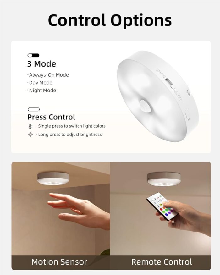 EZVALO LED Under Cabinet Lighting,1000mAh Rechargeable Puck Lights with Remote,3 Color Temps & 12 RGB Motion Sensor Closet Lights Indoor, Dimmable Under Counter Lights for Kitchen, Shelf (6 Packs) - Image 8
