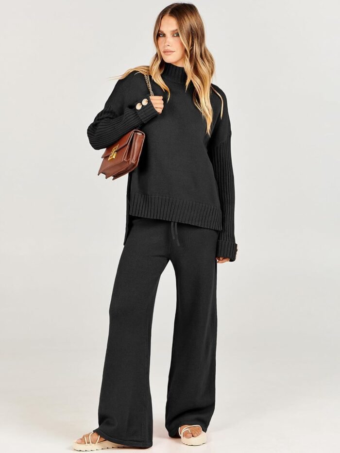 ANRABESS Women's 2 Piece Outfit Sweater Lounge Sets Long Sleeve Knit Pullover Wide Leg Pant Tracksuit Loungewear 2024 Fashion - Image 2
