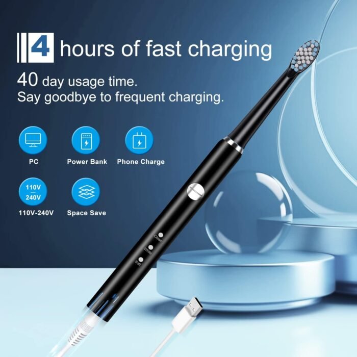 Electric Toothbrush, with 8 Replacement Brush Heads and 1 Travel Box,Sonic Toothbrush for Adults and Kids,Portable Rechargeable Toothbrush for Travel (Black) - Image 5