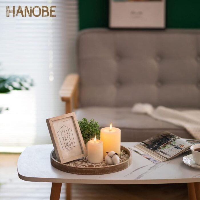 Hanobe Round Wood Decorative Tray: Boho Coffee Table Tray Farmhouse Rustic Brown Centerpiece Decor Wooden Serving Trays Circle Tray for Kitchen Counter Bohemian Ottoman Tray for Home - Image 3