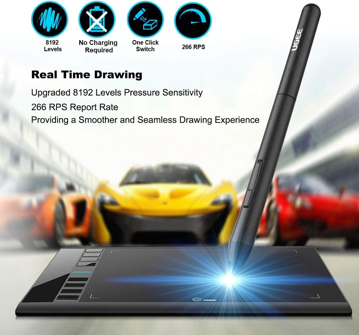 Graphics Drawing Tablet, UGEE M708 10 x 6 inch Large Drawing Tablet with 8 Hot Keys, Passive Stylus of 8192 Levels Pressure, UGEE M708 Graphics Tablet for Paint, Design, Art Creation Sketch Black - Image 3