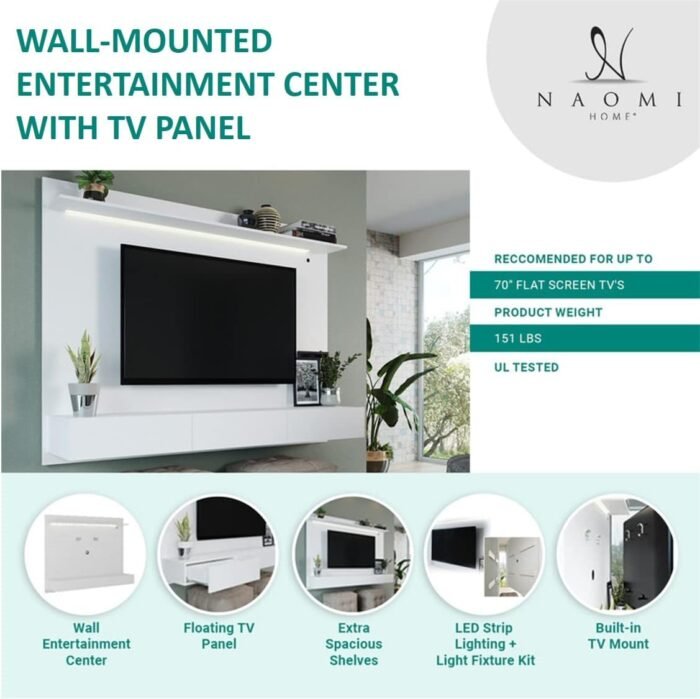 Modern Freestanding Floating Entertainment Center, Floating TV Stand Wall Mounted, Floating TV Wall Panel for 75 inch TVs, Home Theater with LED Strip, Pull-Out Drawers and Overhead Shelf – Black - Image 2