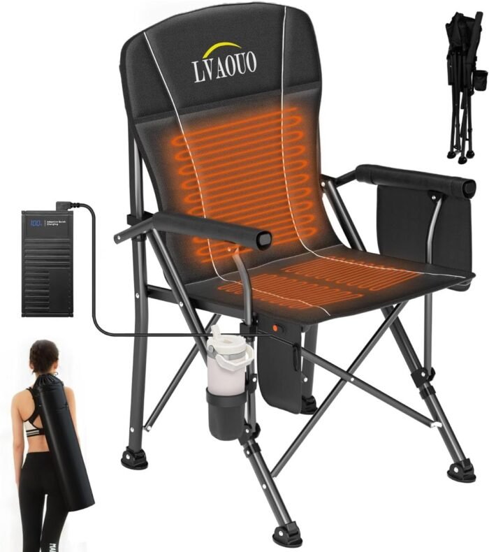Heated Camping Chair, with 20000 mAh 12V Battery Pack, Weight Bearing 600 lbs for Camp, 3 Heat Levels and 3 Zone Heating, Heated Folding Chairs Outdoor Sports, Lawn, Fishing, Black