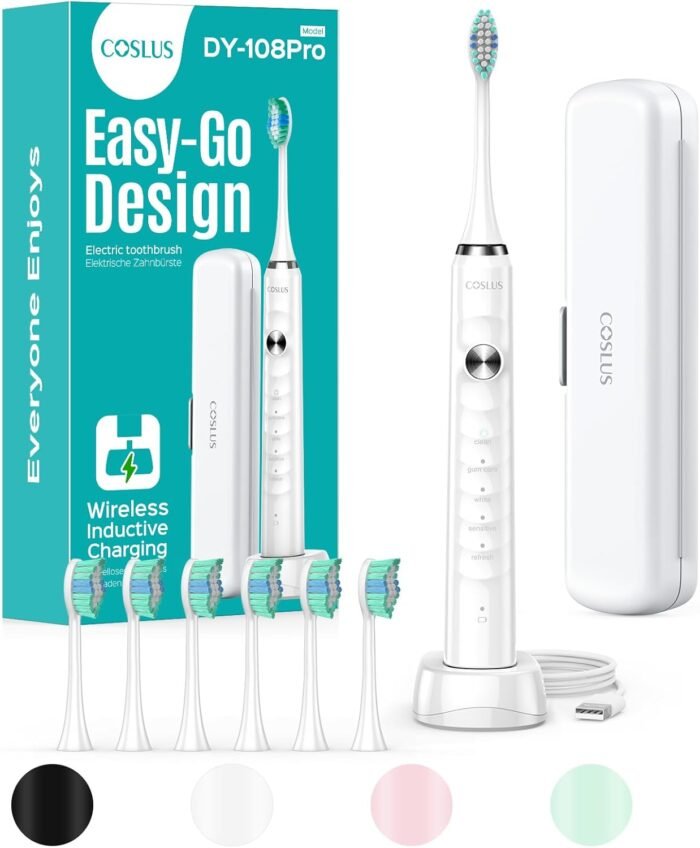 COSLUS Electric Toothbrush for Adults and Teen: Wireless Rechargeable Tooth Brush for Adult and Teen Youth with Portable Travel Case, 5 Modes 47000 VPM Power Toothbrushes 6 Brush Heads White