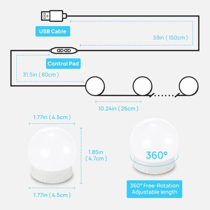 LED Vanity Lights For Mirror, Consciot Hollywood Style Lights With 14 Dimmable Bulbs, Adjustable Color & Brightness, USB Cable, Mirror Lights Stick on for Makeup Table Dressing Room Mirror,White - Image 2