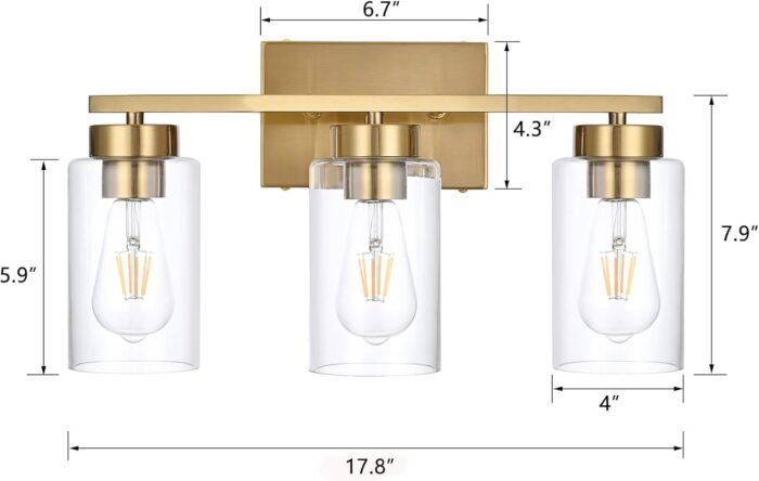 3-Light Bathroom Vanity Light, Modern Brushed Gold Wall Lights with Clear Glass Shades, Bathroom Wall Sconce Lamp for Mirror Living Room Bedroom Hallway - Image 2