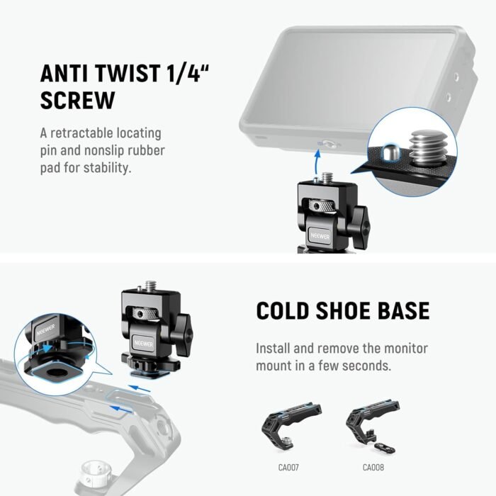 NEEWER Camera Monitor Mount with Cold Shoe, Anti Twist 1/4" Screw for 5" & 7" Field Monitor Compatible with Atomos Ninja V, Foldable V Mount Battery Plate with Arca Type Camera Baseplate Included - Image 6