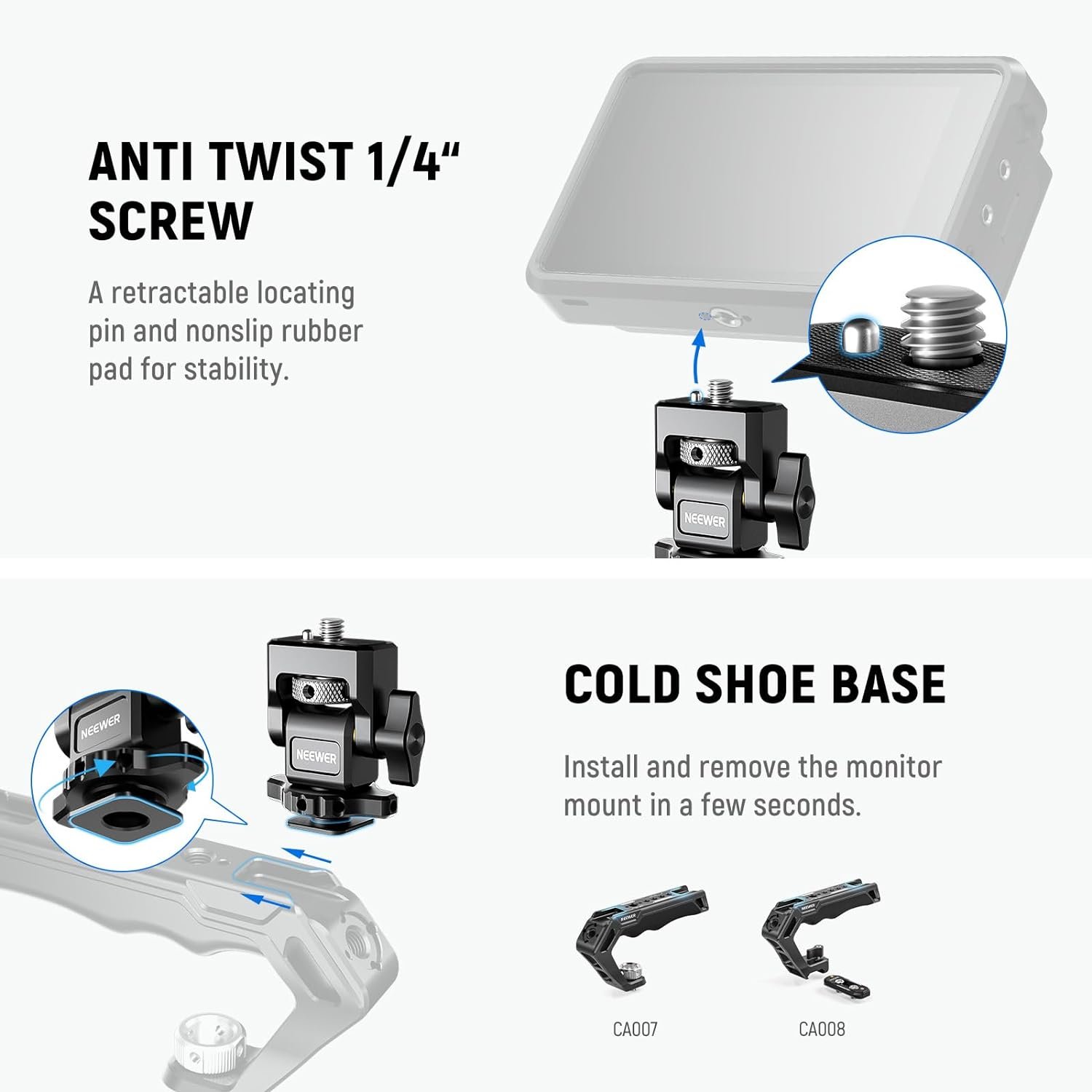 NEEWER Camera Monitor Mount with Cold Shoe, Anti Twist 1/4" Screw for 5" & 7" Field Monitor Compatible with Atomos Ninja V, Foldable V Mount Battery Plate with Arca Type Camera Baseplate Included - Image 6