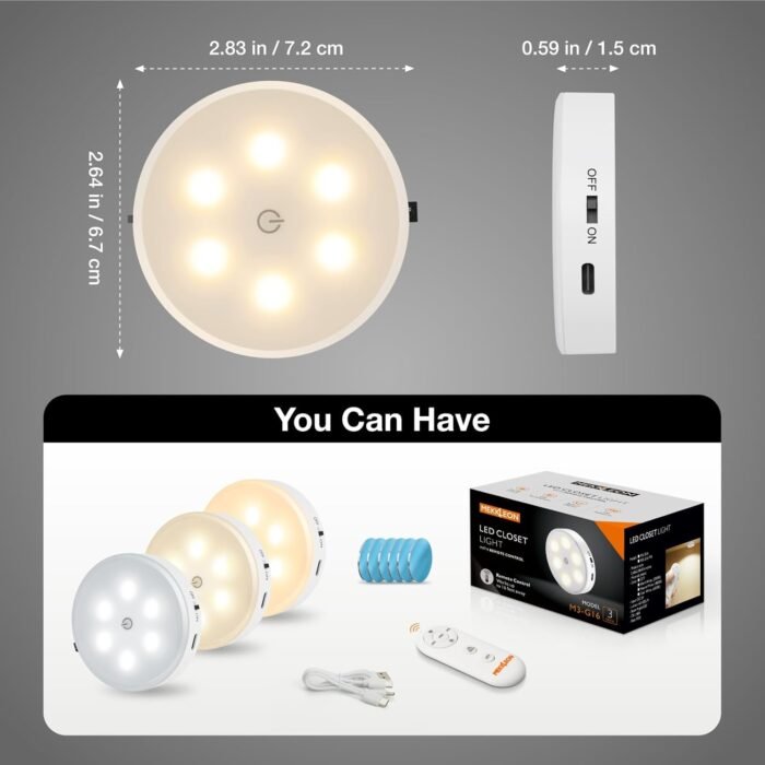 Wireless LED Puck Light with Remote,3 Color Temperatures Dimmable Under Cabinet, Closet Light, Rechargeable Under Counter Lighting,Stick On Lights for Bar,Hallway, Stairway,Kitchen (3 Pack CCT) - Image 7