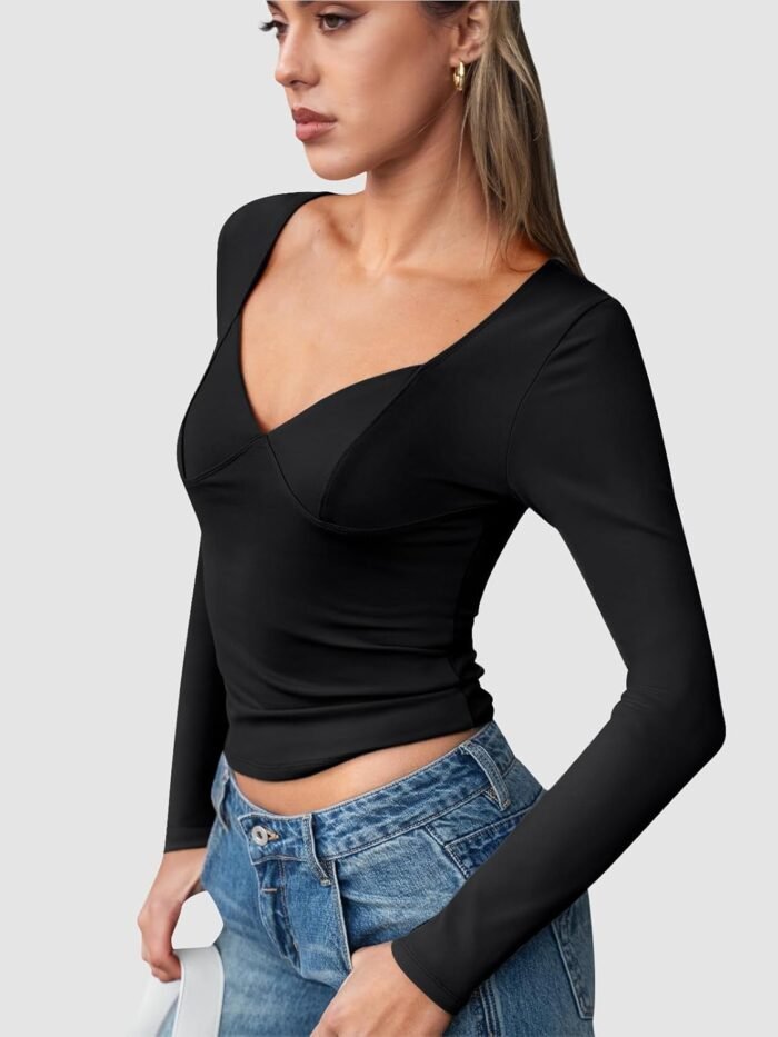 Trendy Queen Womens Tops Trendy Fashion Clothes Going Out Long Sleeve Shirts V Neck Basic Y2K Cute Shirt Slim Fitted Corset - Image 3