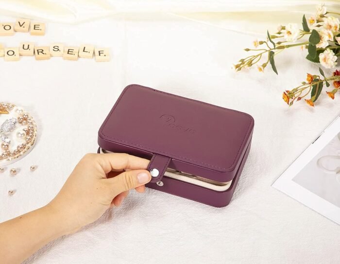 Voova Small Jewelry Organizer Box, Travel Jewelry Case for Women Teen Girls, Mini PU Leather Portable Jewellery Storage Boxes Holder with Smart Earrings Plate for Necklaces Rings Bracelets, Purple - Image 6