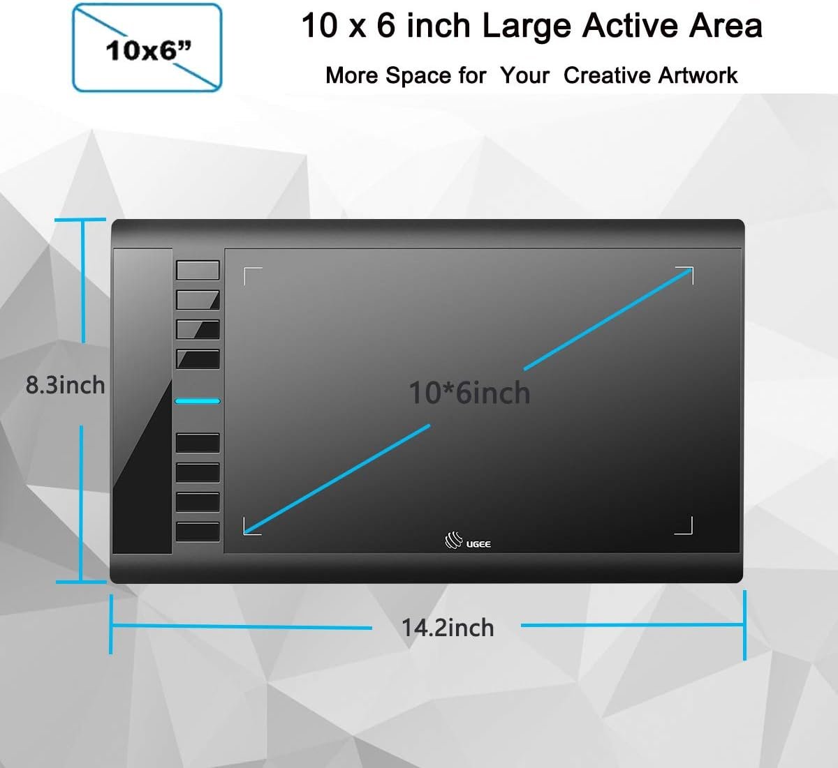 Graphics Drawing Tablet, UGEE M708 10 x 6 inch Large Drawing Tablet with 8 Hot Keys, Passive Stylus of 8192 Levels Pressure, UGEE M708 Graphics Tablet for Paint, Design, Art Creation Sketch Black - Image 2