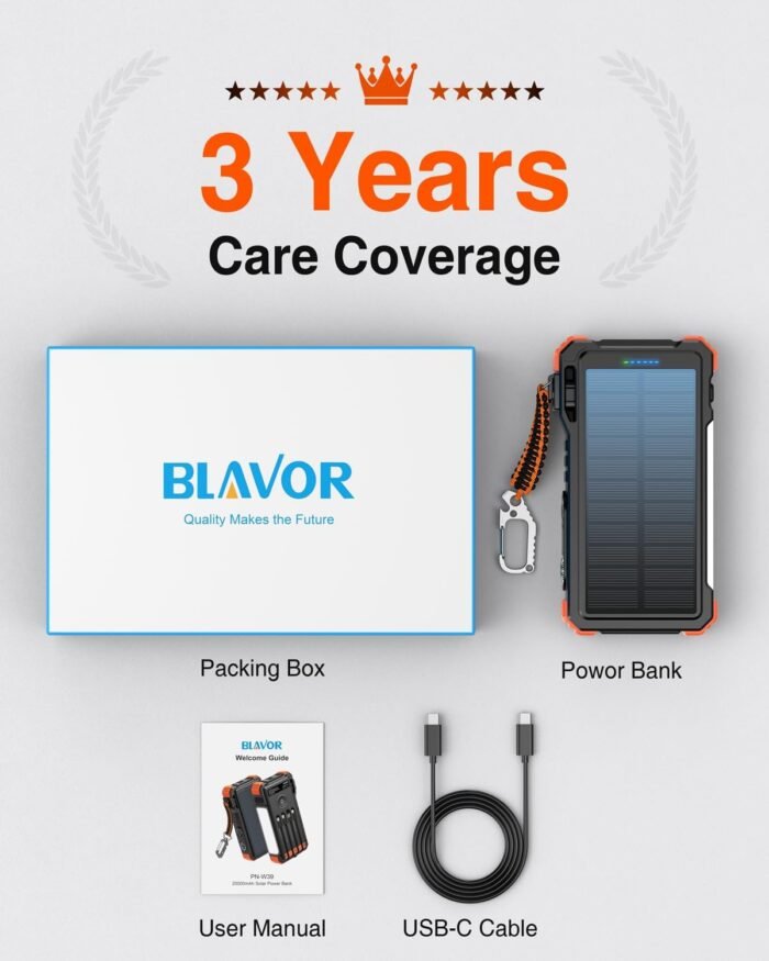 BLAVOR Solar Charger Power Bank 20000mAh Built in 4 Cables, 20W Fast Charging External Battery Pack with USB C, Camping Light, Flashlight, Carabiner for Cell Phones, Portable Charger for Apple Watch - Image 9