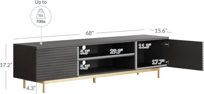 BELLEZE 68" Fluted TV Stand for TV up to 75", Modern Entertainment Center with Storage Cabinet, Slatted Door Decorated Media Console Table, Home Living Room Bedroom Furniture(Ebony) - Image 2