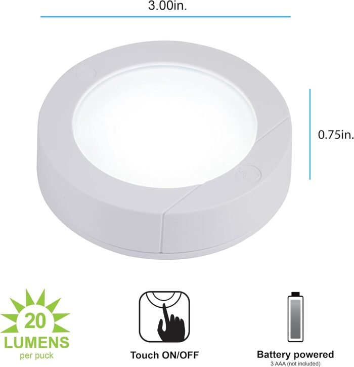GE Wireless LED Puck Lights, Battery Operated, 20 Lumens, Touch Light, Tap Light, Stick On Lights, Under Cabinet Lighting, Ideal for Kitchen Cabinets, Closets, Garage, 6 Pack, 45994 - Image 2