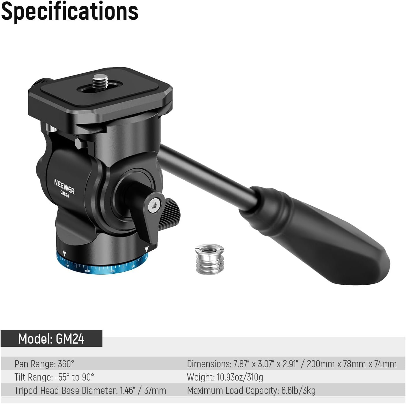 NEEWER Tripod Fluid Head Pan Tilt Head with Arca Type Quick Release Plate and Handle, Metal Panorama Head with Scaled Base (⌀37mm) for Compact Video Camera DSLR Camera, Load up to 6.6lb, GM24 (Blue) - Image 9