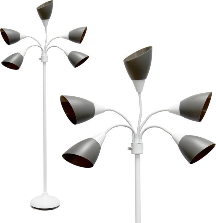 Simple Designs LF2006-GOW 67" Contemporary Multi Head Medusa 5 Light Adjustable Gooseneck White Floor Lamp with Gray Shades for Kids Bedroom Playroom Living Room Office