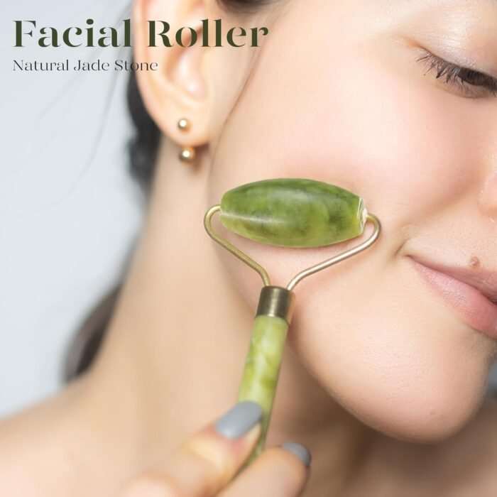 BAIMEI Jade Roller & Gua Sha, Face Roller, Facial Beauty Roller Skin Care Tools, Self Care Gift for Men Women, Massager for Face, Eyes, Neck, Relieve Fine Lines and Wrinkles - Green - Image 4
