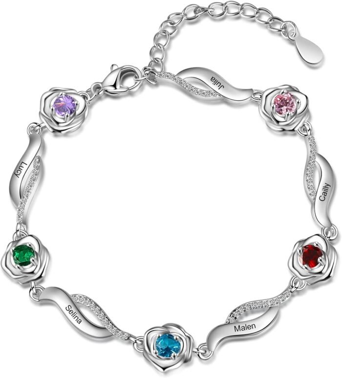 Personalized Simulated Birthstone Bracelets Adjustable Rose Flower Chain Charm Bracelet with 1-5 Name Initial Engraved for Women Mom Christmas Gifts