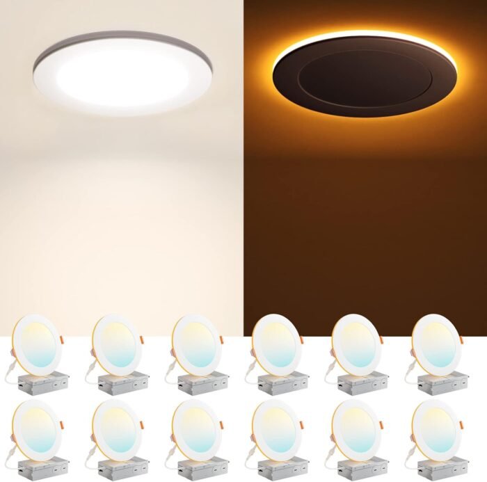 Amico 12 Pack 6 Inch 5CCT LED Recessed Ceiling Light with Night Light, 2700K/3000K/3500K/4000K/5000K Selectable Ultra-Thin Lighting, 12W=110W, 1100LM, Dimmable Canless Wafer Downlight ETL&FCC