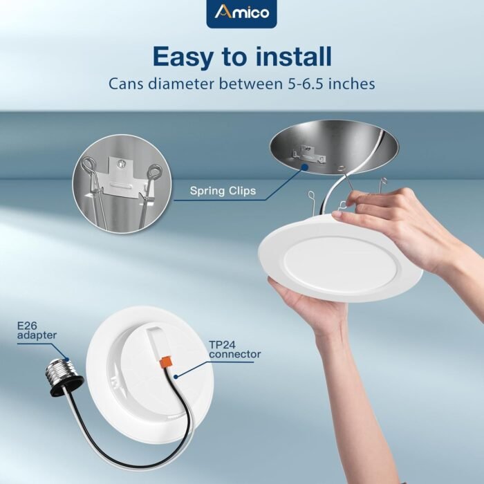 Amico 5/6 Inch 5CCT LED Recessed Lighting 12 Pack, 1050LM Flat Can Lights, Dimmable, IC Rated, 12W Eqv 110W, 2700K/3000K/4000K/5000K/6000K Selectable, Retrofit Installation- ETL Listed - Image 2