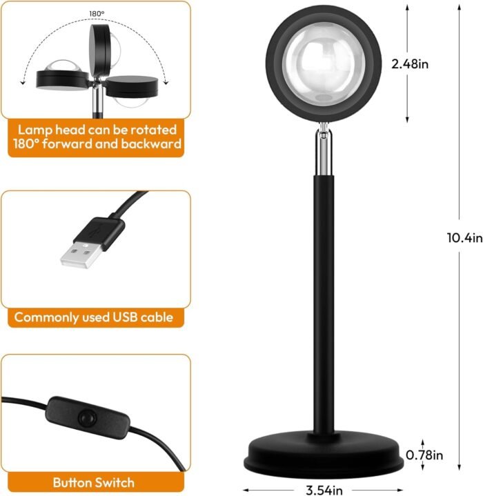 Sunset Lamp Projector, 180 Degree Rotation Sunset Projection Light Led Night Light Floor Lamp with USB Port,Sunset Lamps for Photography Party Bedroom Decor,Christmas Gifts for Women - Image 3