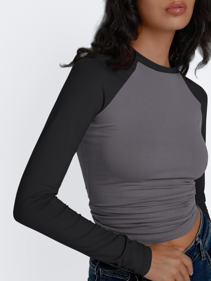 Trendy Queen Women's Long Sleeve Shirts Slim Fit Stretchy Color Block Slightly Cropped Tops - Image 5
