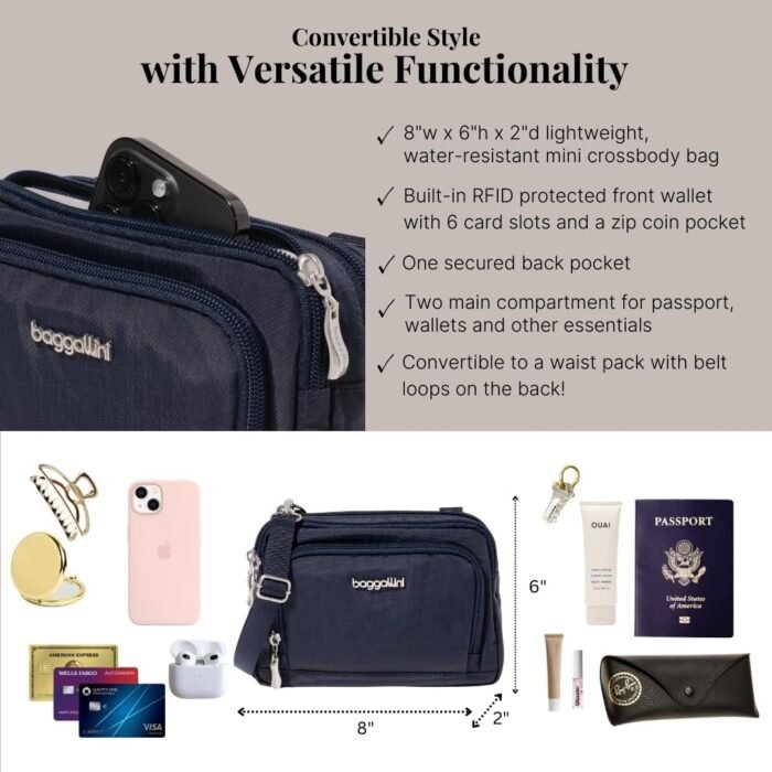 Baggallini Triple Zip with RFID Front Wallet - 8'x6' Crossbody Bag for Women Convertible Fanny Pack Belt Bag Water-Resistant - Image 4