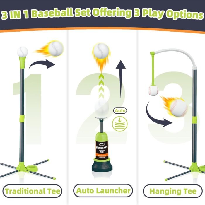 3-in-1 T Ball Set for Kids, Adjustable Height Hanging Baseball Batting Tee Set with 2 Bats, Teeball Hitting Stand, Ball Launcher for Toddlers, Sport Toys Outdoor/Indoor for Boys Girls - Image 3